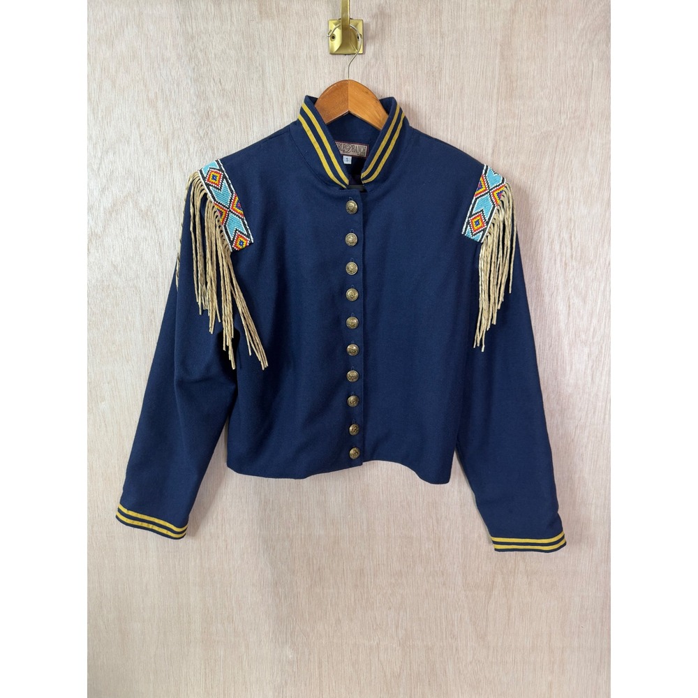 Double Ranch Wear Navy Wool Blend Beaded Fringe Western Blazer Jacket Small